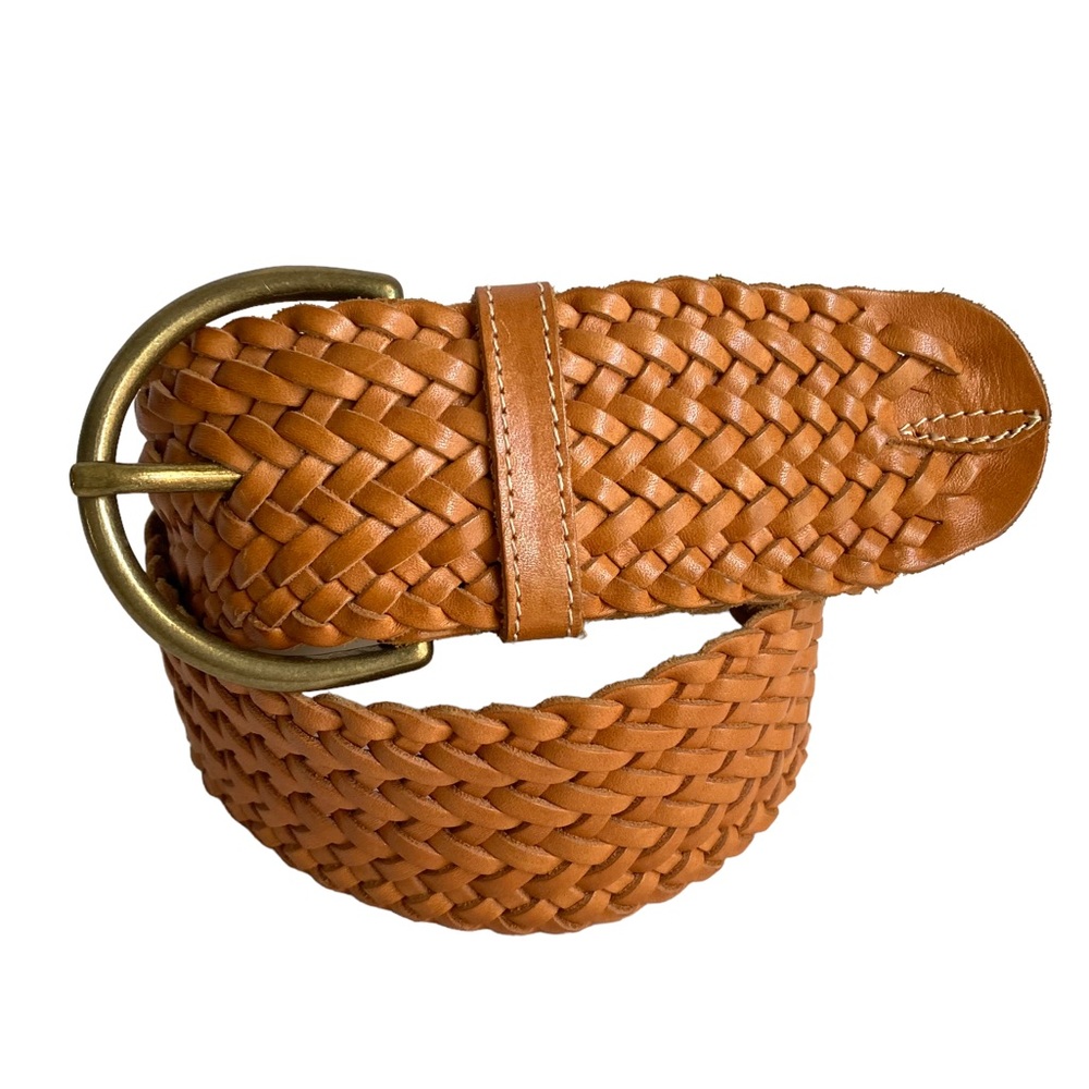 Vintage Wide Woven Leather Waist Belt Brass Tan Made In England Womens Medium